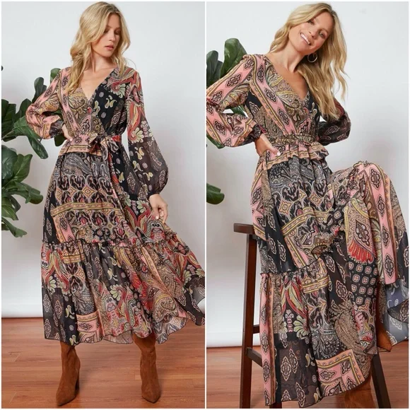 Boho paisley print v neck sheer long sleeve maxi dress - Picture 1 of 6